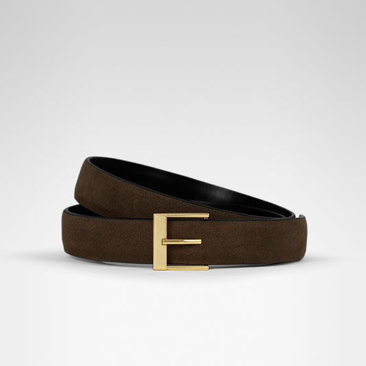 A dark brown suede Maison Maestoso belt with a polished gold buckle.